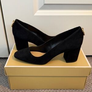 MICHAEL Michael Kors Black Suede Heels with Gold Accent